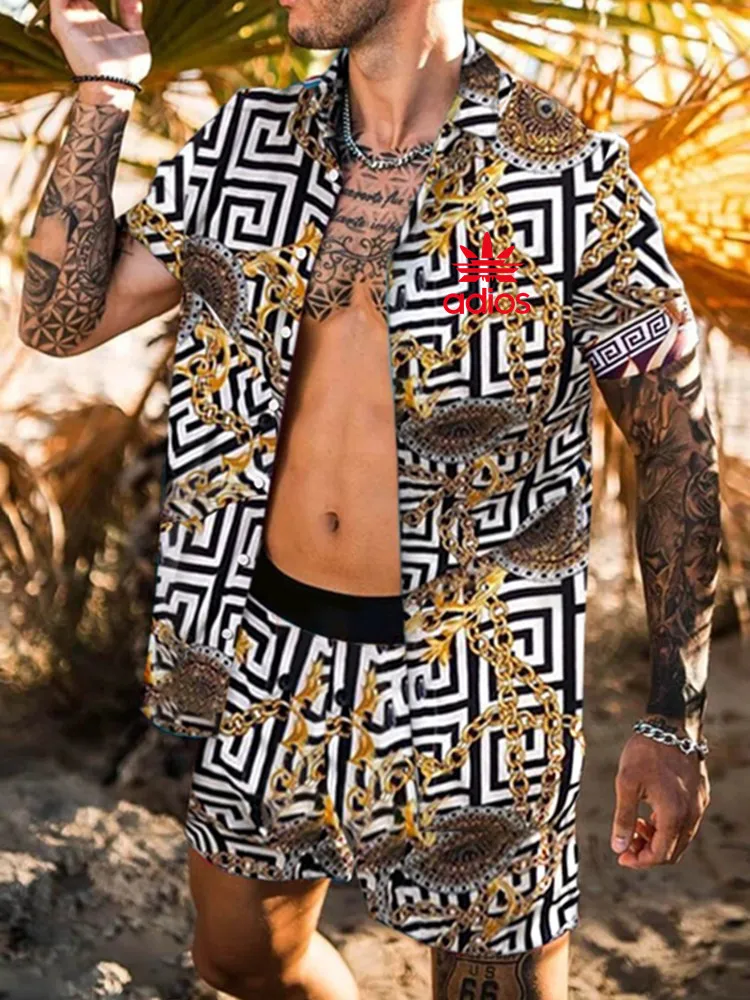 

2021 New Brand Logo Men Sets National Style Hawaiian printing Short Sleeve Set Summer Casual Floral Shirt Beach Two Piece Suit