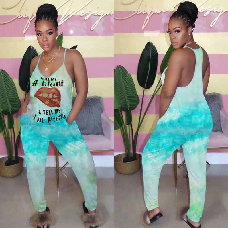 

Mouth Letter Print Rompers Womens Jumpsuit Spaghetti Strap Sleeveless Bodycon Playsuit Casual Deep V Neck Backless Romper