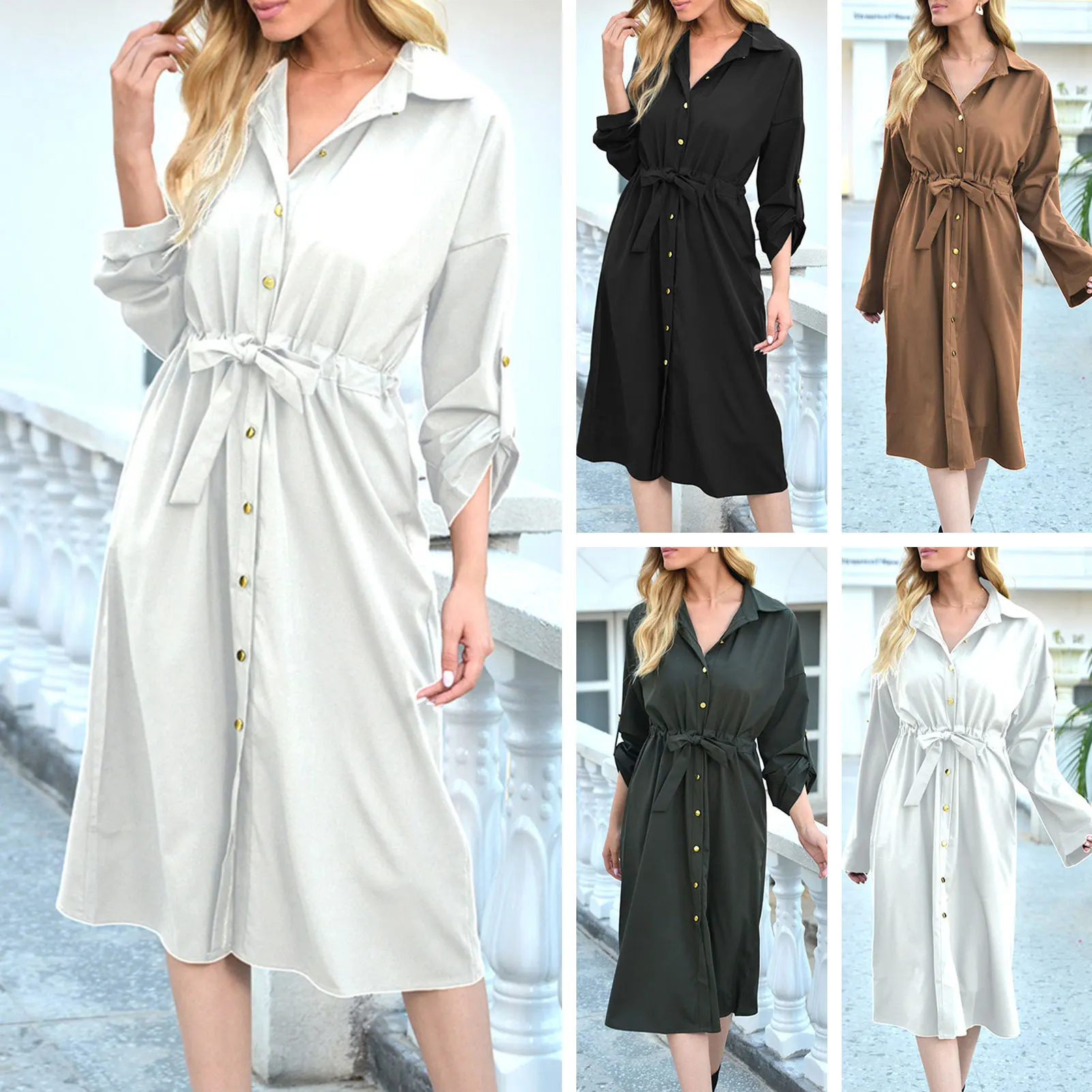 Осень 2020 женское платье-рубашка с отложным воротником и длинными рукавами