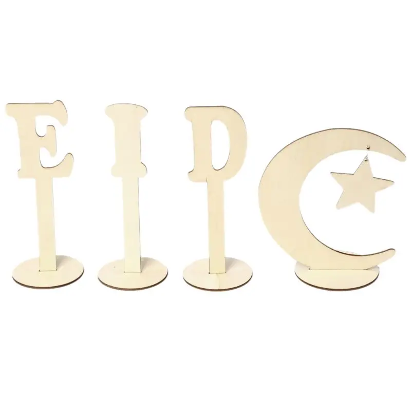 

4 Pcs/Set Wooden Craft Eid Mubarak Muslim Festival Art Crafts Desk Table Decoration Home Ornament Natural Wood DIY Letter Moon