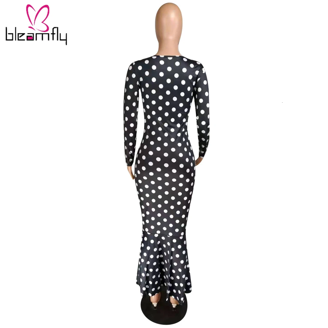 2019 женское осеннее платье до середины икры с оборками и принтом в горошек длинным