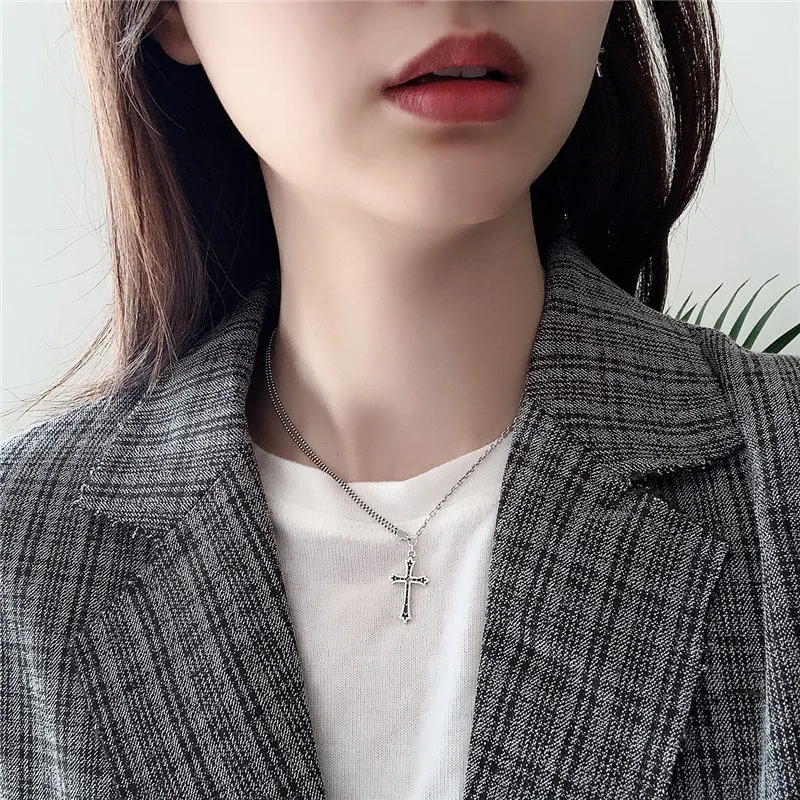 

RUIYI Real 925 Sterling Silver Vintage Cross Charm Necklace Women Simplicity Simple Chic Distressed Beads Chain Fine Necklaces