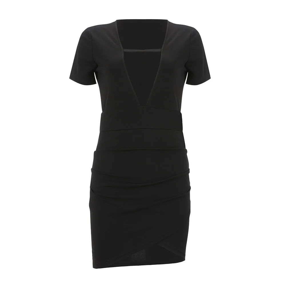 

2021 New Fashion Women's Short-sleeved Bag Hip Dress Fashion Sexy Hollow Deep V-neck Tight Black Solid Color Dress