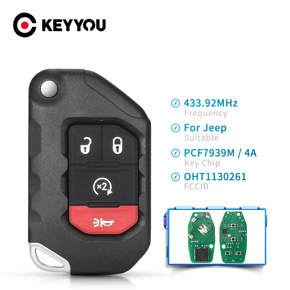 

KEYYOU 3/4 Buttons Flip Remote Car Key ASK 433MHz PCF7939M 4A Chip For Jeep Wrangler Gladiator 2018 2019 2020 OHT1130261