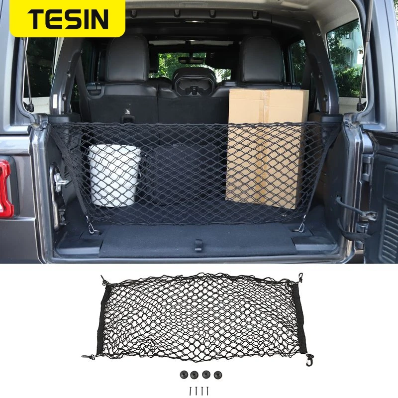

TESIN Car Trunk Mesh Net Cargo Auto Elastic Storage 4 Hooks Car Trunk Organizer Styling For Jeep wrangler JL JK 2007-2022