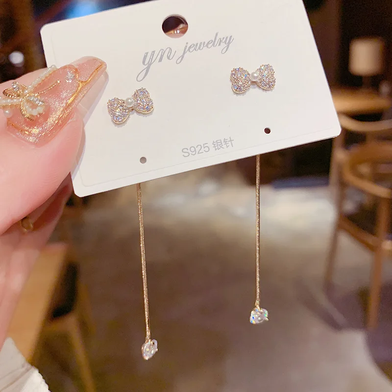 

Luxury 14K Real Gold S Needle Micro-inlaid Bow Tassel Long Stud Earrings for Women Cubic Zircon ZC Earrings