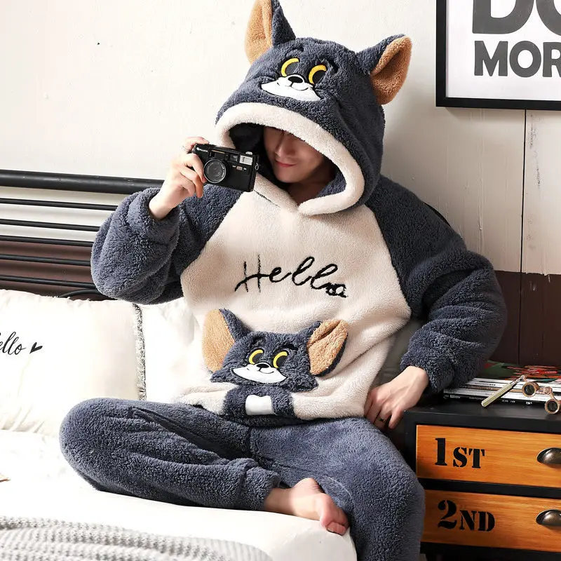 

Men Thick Plush Pajamas Winter Spring Coral Velvet Warm Flannel Clothes Home Suit New 2021 Mens Pajamas Men Sleepwear