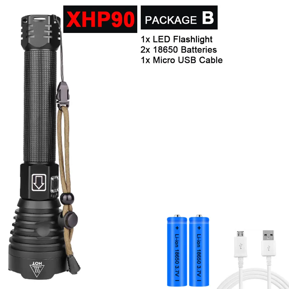 Package B-XHP90 Супер яркий XHP90/70,2 светодиодный фонарик, супер мощный фонарь, USB лампа с зумом, фонарь с зумом, работающий от аккумулятора 18650 26650 - Испускаемый цвет: Package B-XHP90