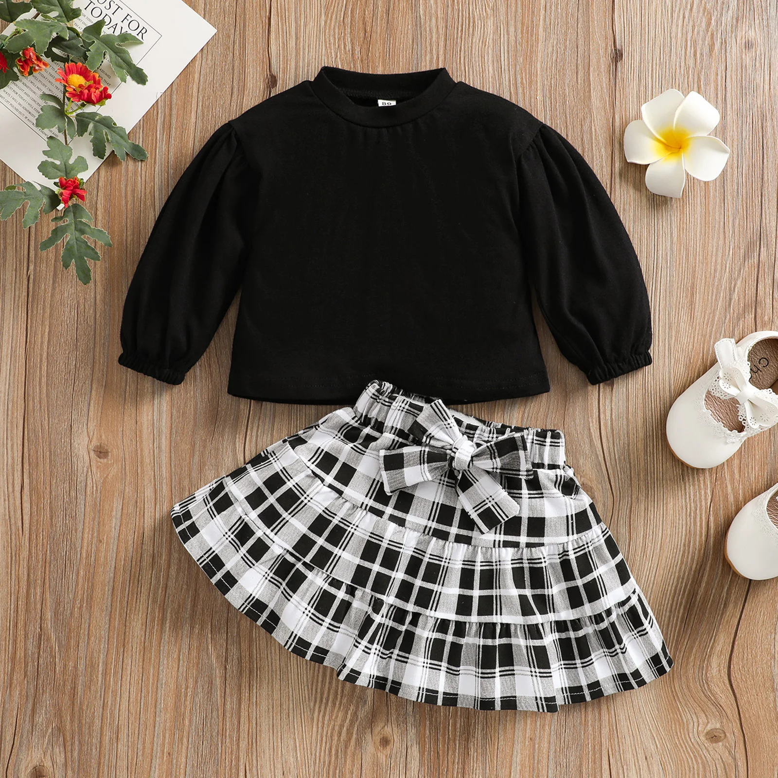 

Женский повседневный комплект одежды От 1 до 4 лет, черный Однотонный пуловер с круглым вырезом и юбка с большим подолом и принтом в клетку