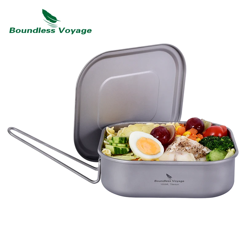 Boundless Voyage Outdoor Titanium Lunch Box Bowl Pan with Lid Folding Handle Camp Bushcraft Cookware Military Mess Kit Ti2084C