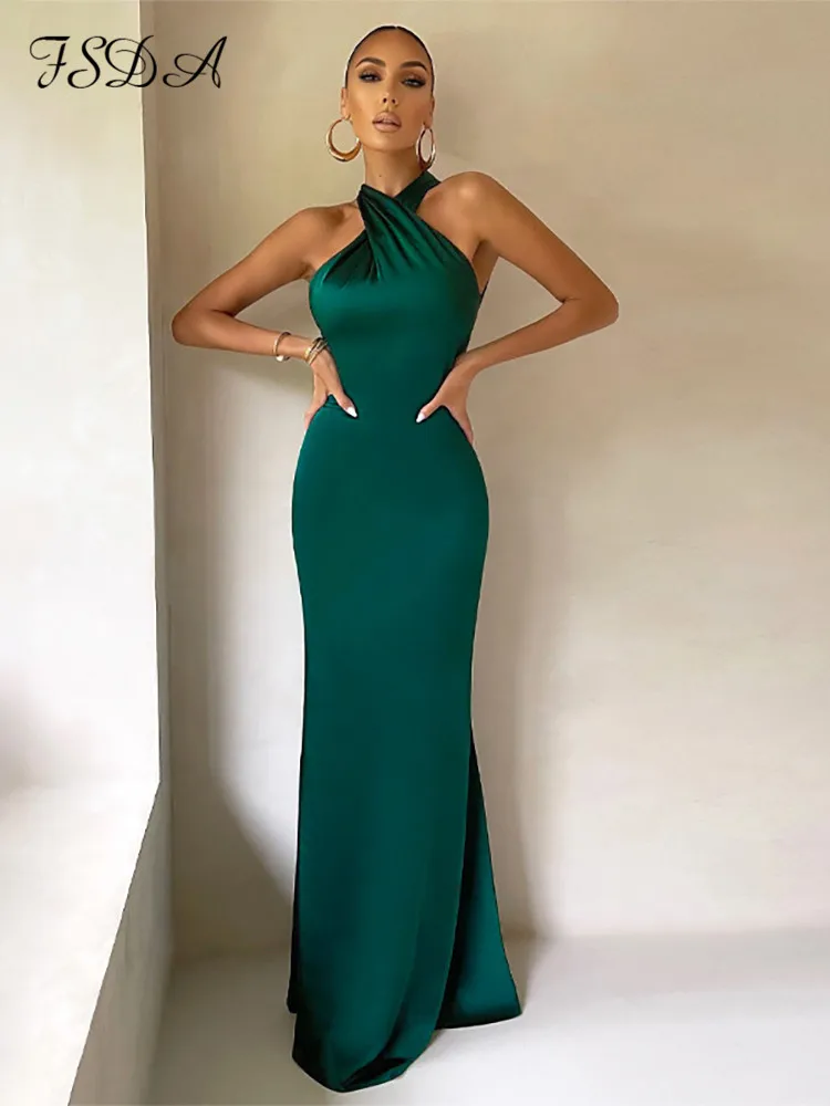 FSDA Maxi Green Satin Sleeveless Elegant Party Dresses Backless 2022 Summer Black Off Shoulder Sexy Club Bodycon Dress Women