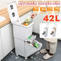 42l the kitchen double sorting trash can large capacity pressing dustbin with pulley with cover for dry and wet separation