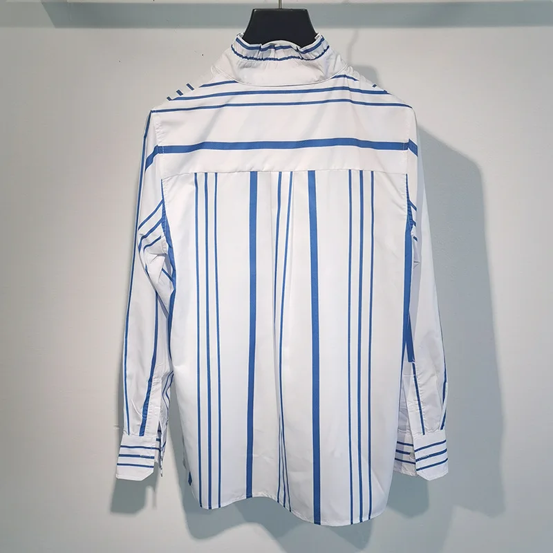 

Women Stripes Frill Trim Blouse Hem Split Lady Long Sleeve Shirt Single-Breasted Asymmetry Blouses Top 2021 Early Autumn