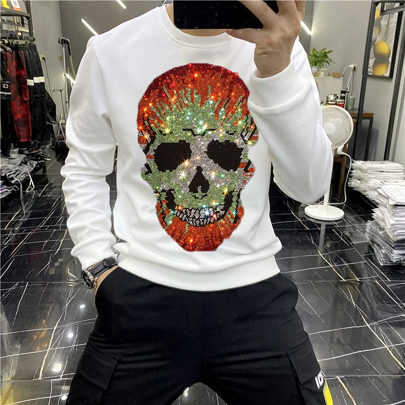 

2021 New Winter Hot Diamond Hoodie Men's Skull Shiny Clothing Brand Rhinestone Top Sweatshirt