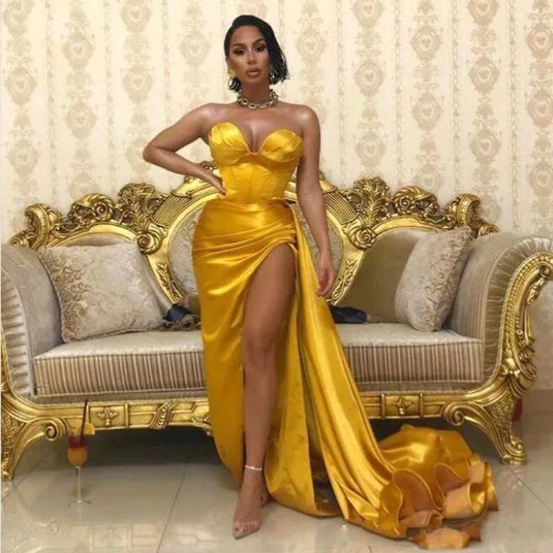 

2020 Gold Sweetheart Prom Dresses Satin Long Evening Gown Sexy High Split Dubai Party Dress Formal Occasion Robe Vestito Lungo