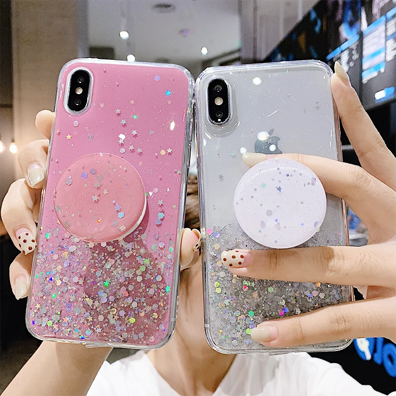 Блестящий блестящий чехол для iPhone 11 Pro Max XS XR X 6s 6 7 8 PlusSlim с подставкой держатель