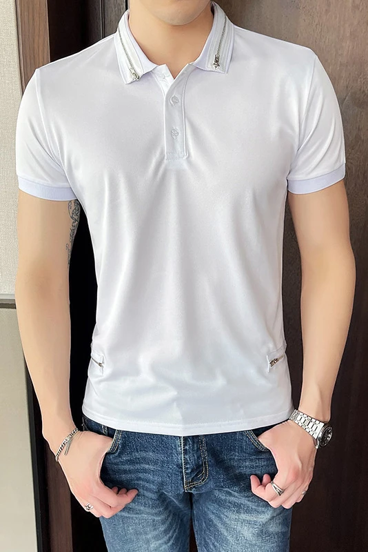 

Solid Color Shirts Men 2021 Summer Short Sleeve Slim Zipper Decoration Business Casual Top Streetwear Mens Clothing