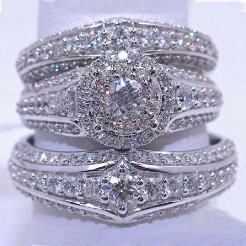 

3pcs/set Trendy Crystal Zircon Ring Set Wedding Rings Luxury White Bridal Rings Jewelry Ladies Party Valentine's Day Gift