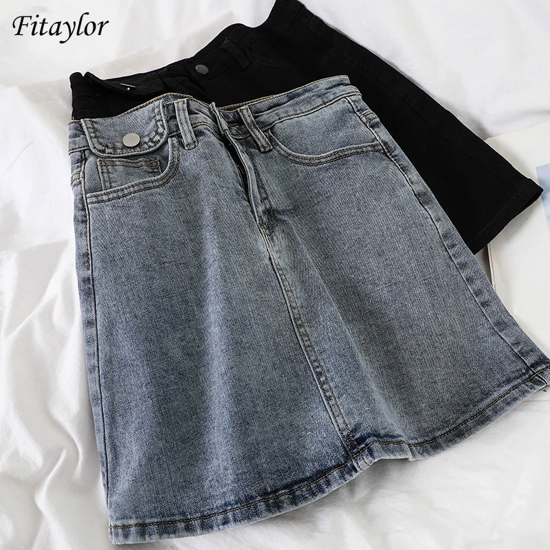 

Fitaylor New Summer Women Casual Button A-line Blue Denim Skirts Solid Color High Waist Denim Mini Skirts Office Lady