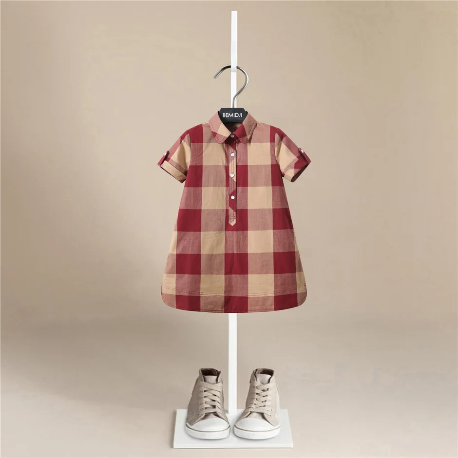 

Summer Children Dresses for Girls Short Sleeve Cotton Kids Clothes Plaid Striped Baby Dress Children Clothing Girl Dress