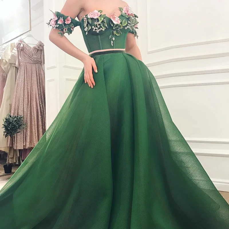 

Elegant Hunter Green Evening Dresses A Line Off The Shoulder Formal Sweep Train Organza Women Handmade Flower Prom Party Gowns