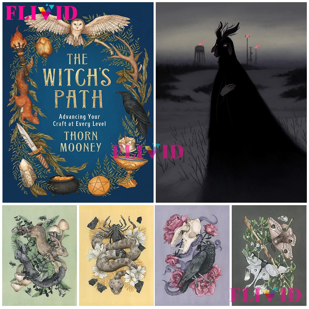 

Illustration Of Witches' Magic Posters And Print Crow, Sheep And Witchcraft Owl Wall Art Canvas Painting Hell Angels Decoration