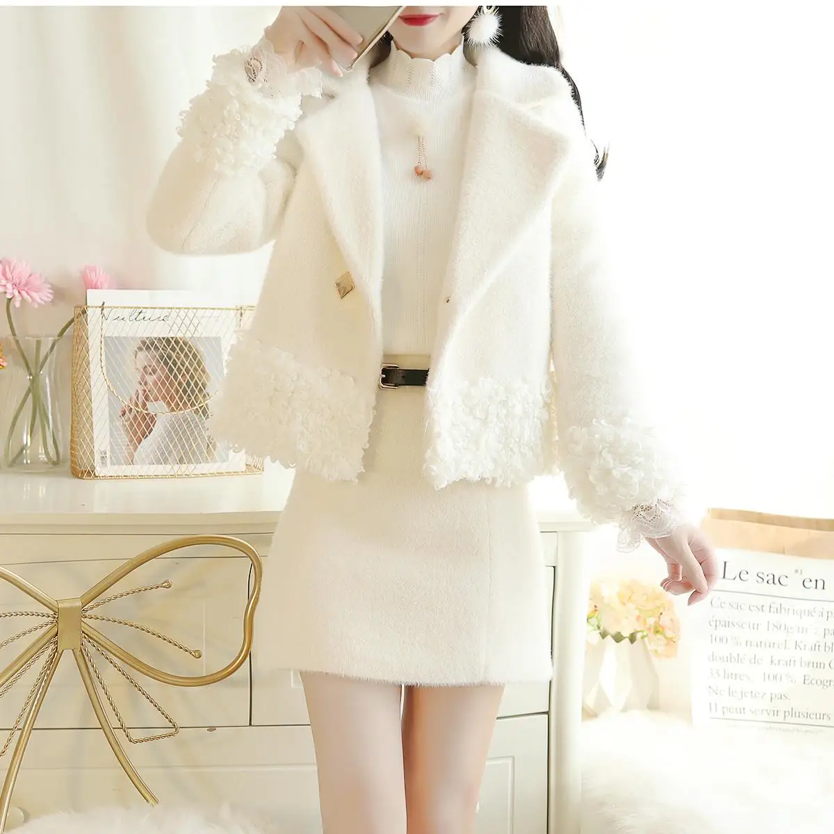 

Woolen Short Coat and Skirt Suit Woolen Fashion Suit Women Winter New Style Western Woolen