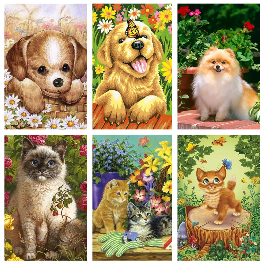 

5D DIY Animal Diamond Painting Cute Dog Cat Full Round Drill Diamond Mosaic Flowers Diamond Embroidery Home Wall Art Decoration