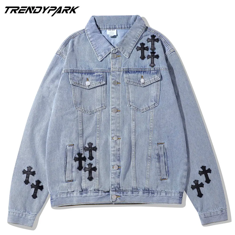 

Men Denim Jacket Vintage Black Cross Embroidery Cotton Fabric Harajuku Hip Hop Streetwear Casual Oversized Blue Fashion Coat