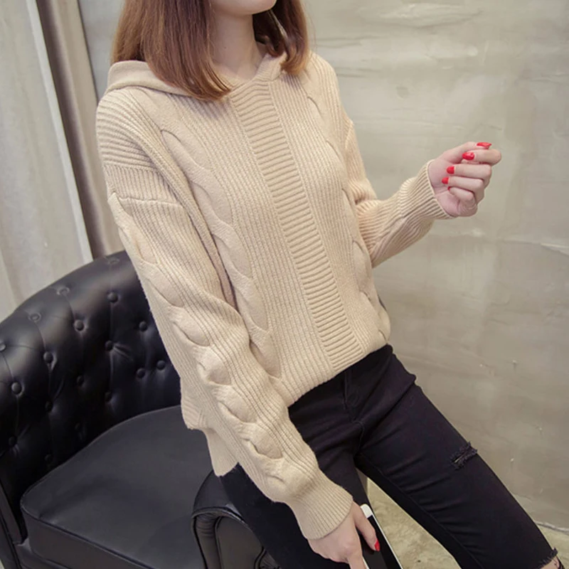 Модный женский Однотонный свитер с капюшоном свободный толстый базовый джемпер