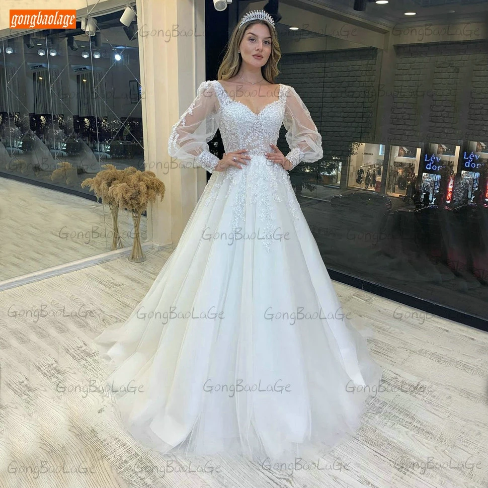 Boho Ivory Wedding Gowns Long Sleeves Lace Up Robe De Mariee 2021 Tulle Appliques A Line Bridal Dresses White Vestidos De Novia