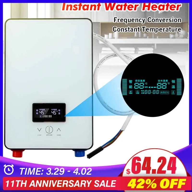 

6500W Instant Water Heater 220V Bathroom Tankless Electric Water Heater Self-checking LCD Digital Display White Thermostat
