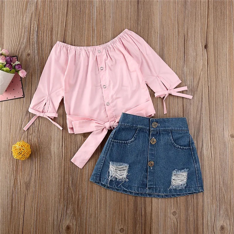 2 шт. детская джинсовая футболка с длинным рукавом и открытыми плечами|Комплекты