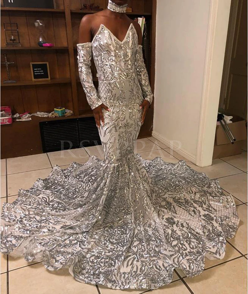 

African Black Girl Long Prom Dress 2020 Stunning Silver Sequin V-neck Long Sleeve Mermaid Prom Dresses