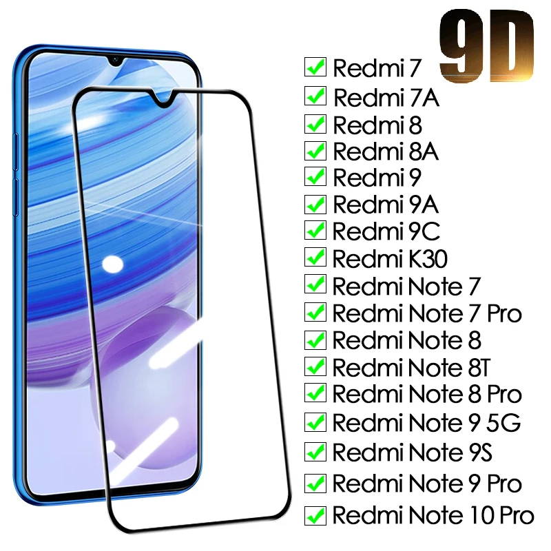 9D Protective Glass For Xiaomi Redmi Note 7 8 8T 9 9S 10 Pro Tempered Screen Protector Redmi 7 7A 8 8A 9 9A 9C Safety Glass Film
