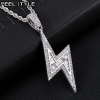 hip hop bling iced out micro paved cz baguette lightning pendants necklaces for men rapper jewelry with solid back
