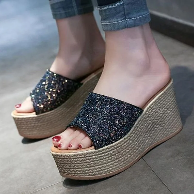 

Women's Sandals Wedge Sandals Summer Non-slip Platform High Heels Ladies Casual Outdoor Sequined Beach Slippers Zapatos De Mujer