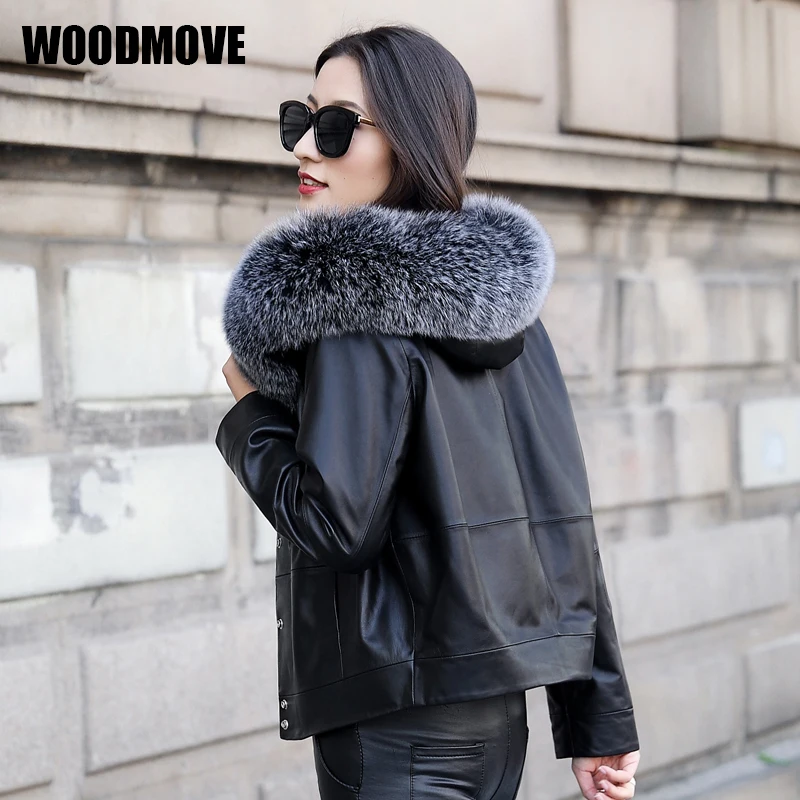 Модная куртка из натуральной кожи с капюшоном свободные пальто овчины Женская