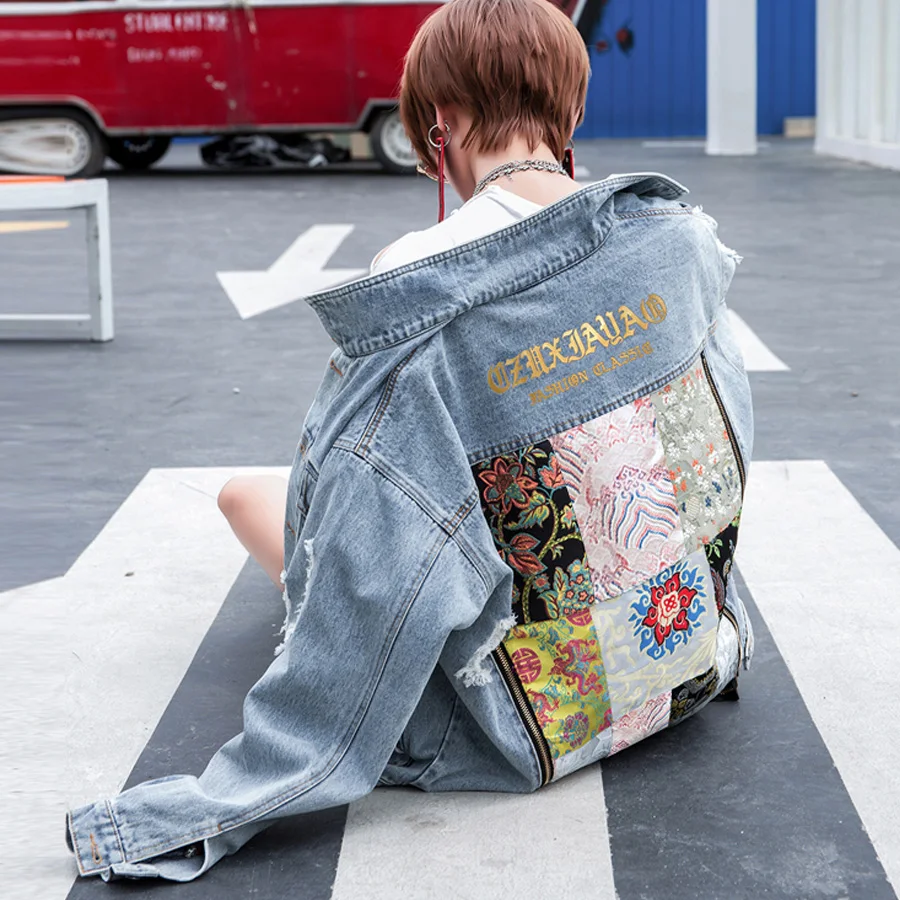 Женская джинсовая куртка YAMDI винтажное Свободное пальто с цветочной аппликацией