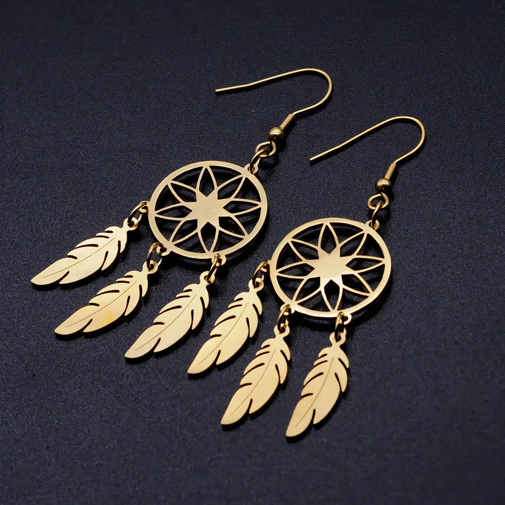 Bohemia Fashion Dream Catcher Drop Earring for Women Wholesale 100% Stainless Steel Boho Feather Lotus Jewelry Dropshipping | Украшения и