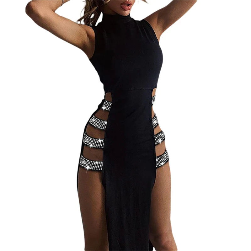 

Women Sexy Studded Dress, Adults Sleeveless Mock Neck High Slit Cutout 1-piece Black Split Diamonds On Both Sides Women Clothes