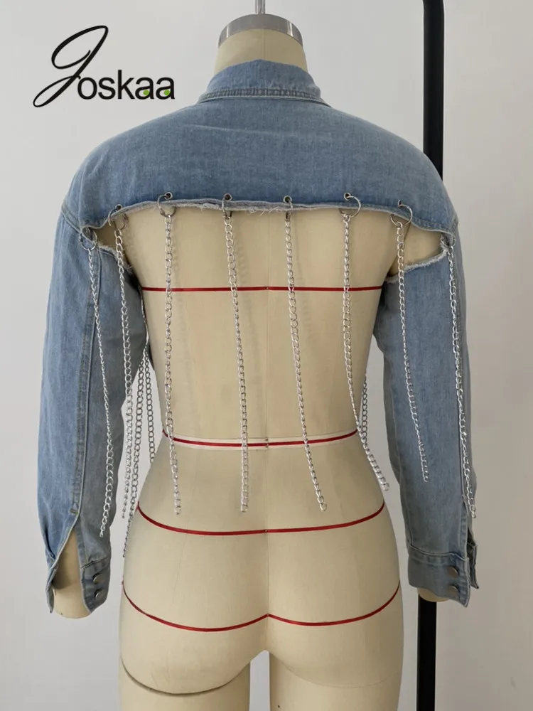 

Joskaa Light Blue Ripped Denim Jacket Women Asymmetric Short Jacket Tops Long Sleeve Backless Chain Coat Summer 2021 Streetwear