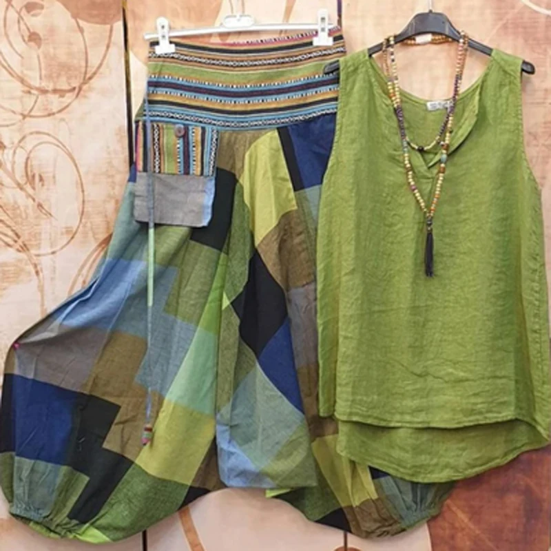 Retro Ethnic Plaid Print Cotton Linen Homewear Set Women O Neck Sleeveless Top + Harem Pants Suit Spring Summer 2pcs Pajamas Set