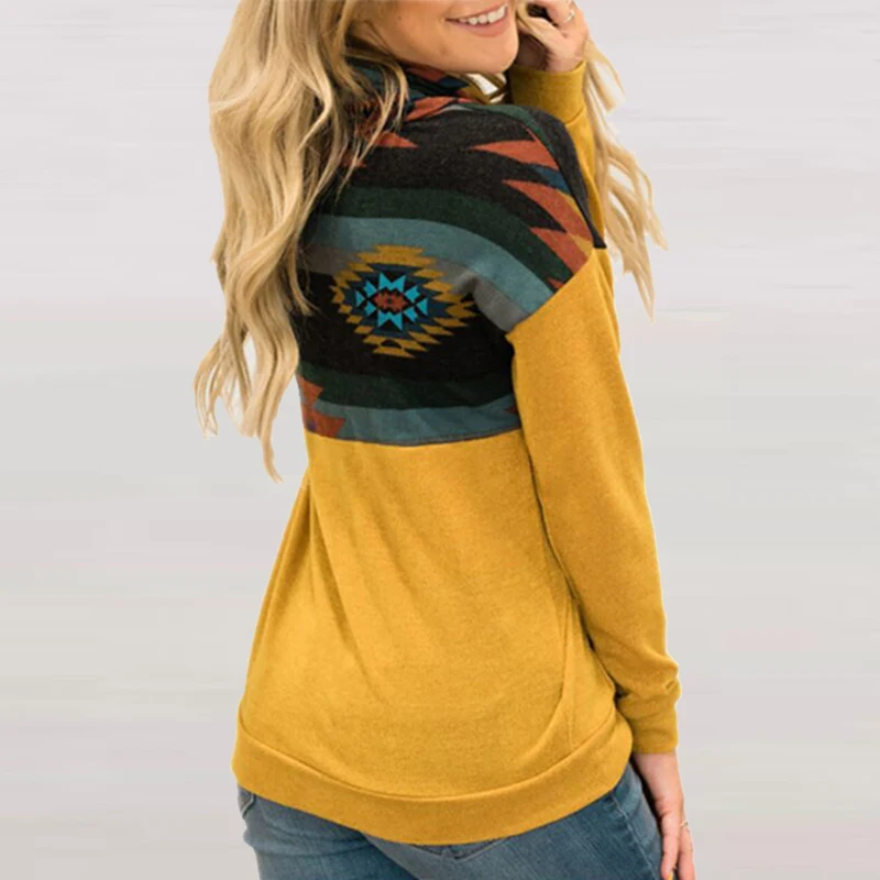 

Women Rhombus Print Turtleneck Drawstring Sweatshirt Casual Long Sleeve Patchwork Pullover Autumn Winter Plus Size Pocket Hoodie