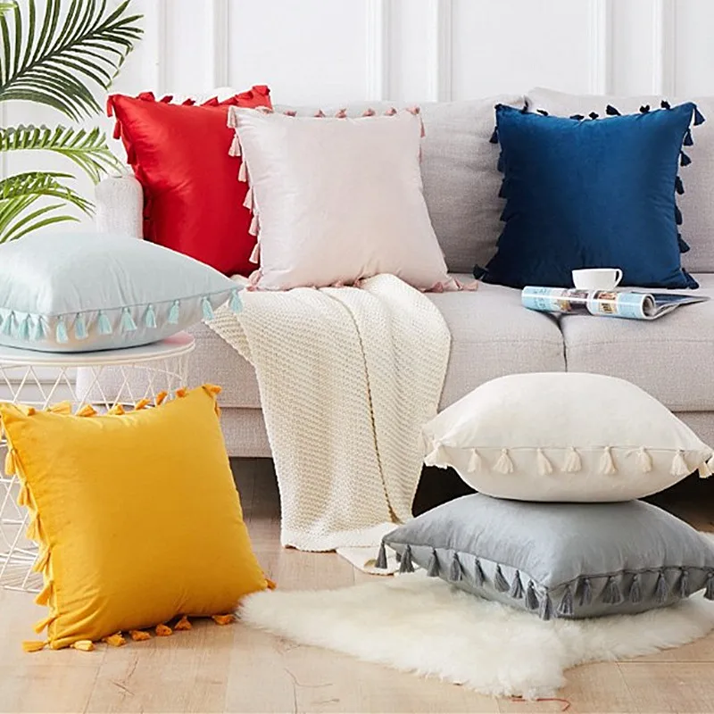 Наволочка мягкая бархатная для подушки с кисточками 45x45 см|Наволочки| |