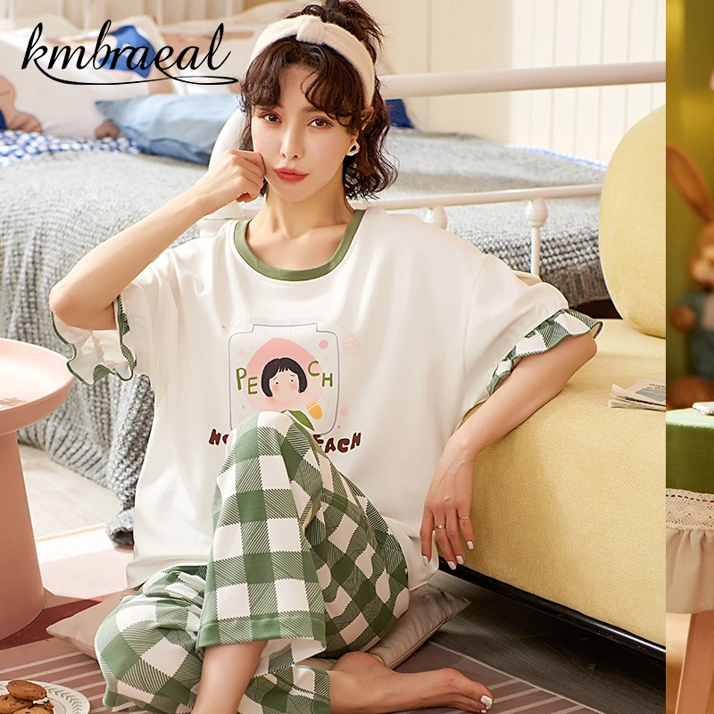 

New Sleepwear Cartoon Cotton Pajamas for Women Long Pants Short Sleeved Summer Spring Loungewear Fashion Home Clothing Homewear