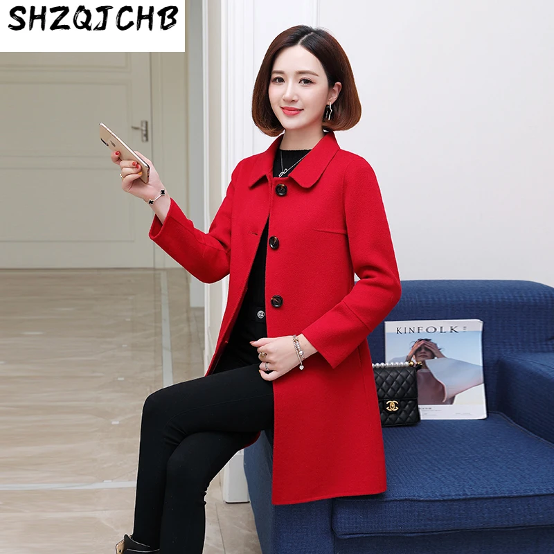 

SHZQ Double Sided Tweed Coat Women's Middle and Long Autumn and Winter New Fashion 100% Wool Coat Slim Zero Cashmere Coat