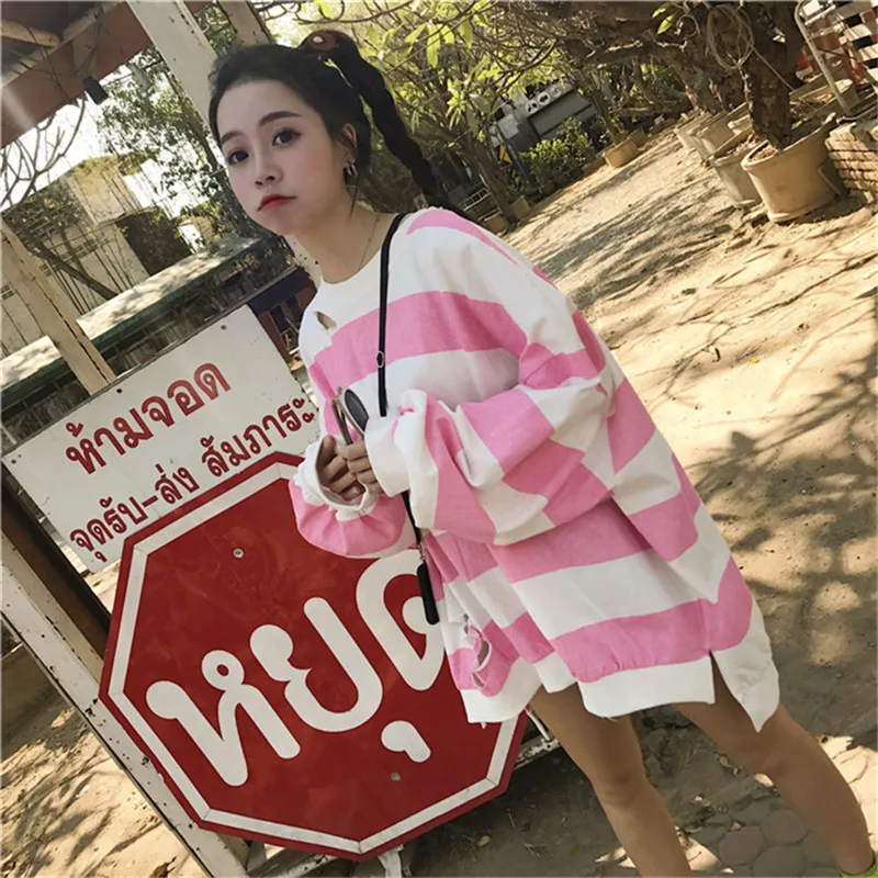 Толстовки женские Ulzzang Kawaii милые полосатые дыры корейские студенческие свободные Harajuku Весна осень тонкие модные простые женские s одежда