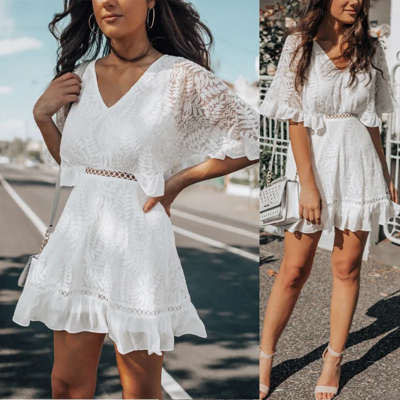 

Chic Solid White Women Mini Party Dress Spring Summer Lace Hollow Out Office Lady Dress Sexy V Neck Femme Holiday Dress Vestidos