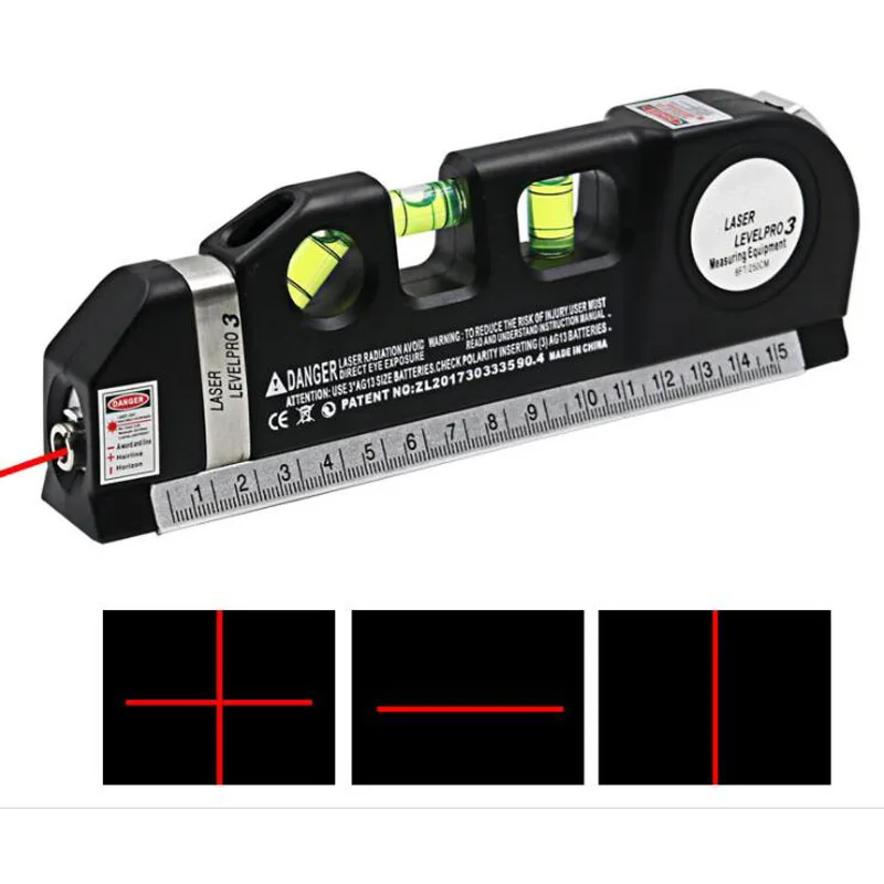 

Professional Multipurpose Universal 4 in 1 Level Laser Pro 3 Crosshair Horizon Vertical Measure Tape Aligner Bubbles Ruler LV03